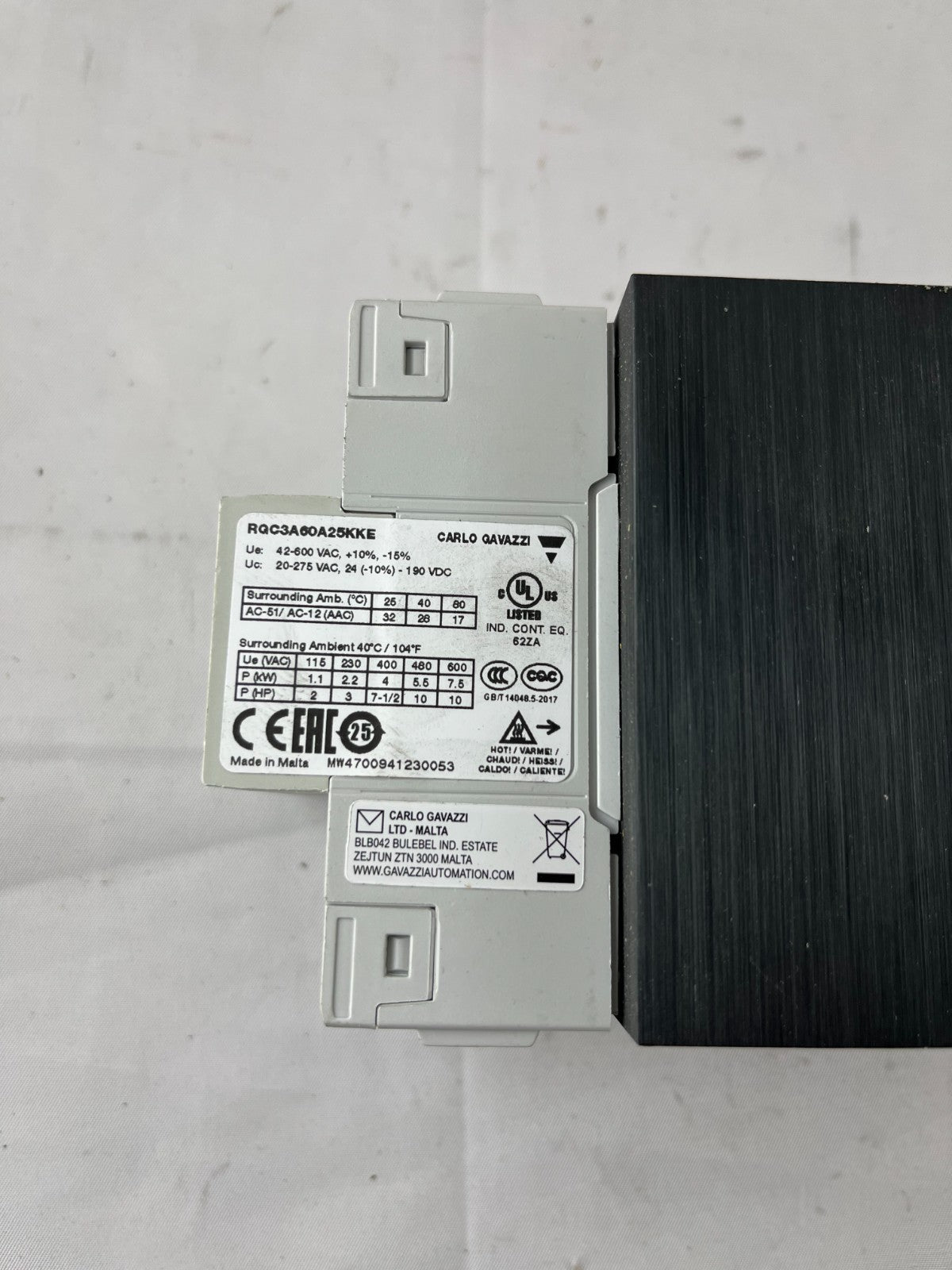 Carlo Gavazzi RGC3A60A25KKE 3-Phase Solid State Contactor 25A 42–660Vac Used