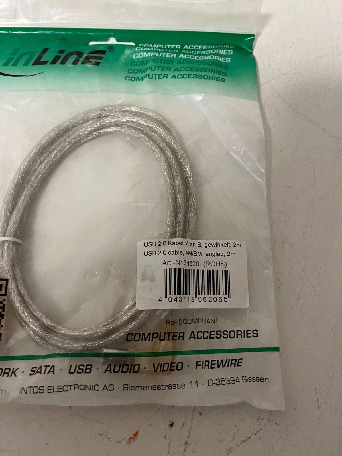 Lot of 2x InLine USB 2.0 Cable AM to BM Angled 2m Art. 34520L New Sealed