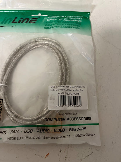 Lot of 2x InLine USB 2.0 Cable AM to BM Angled 2m Art. 34520L New Sealed