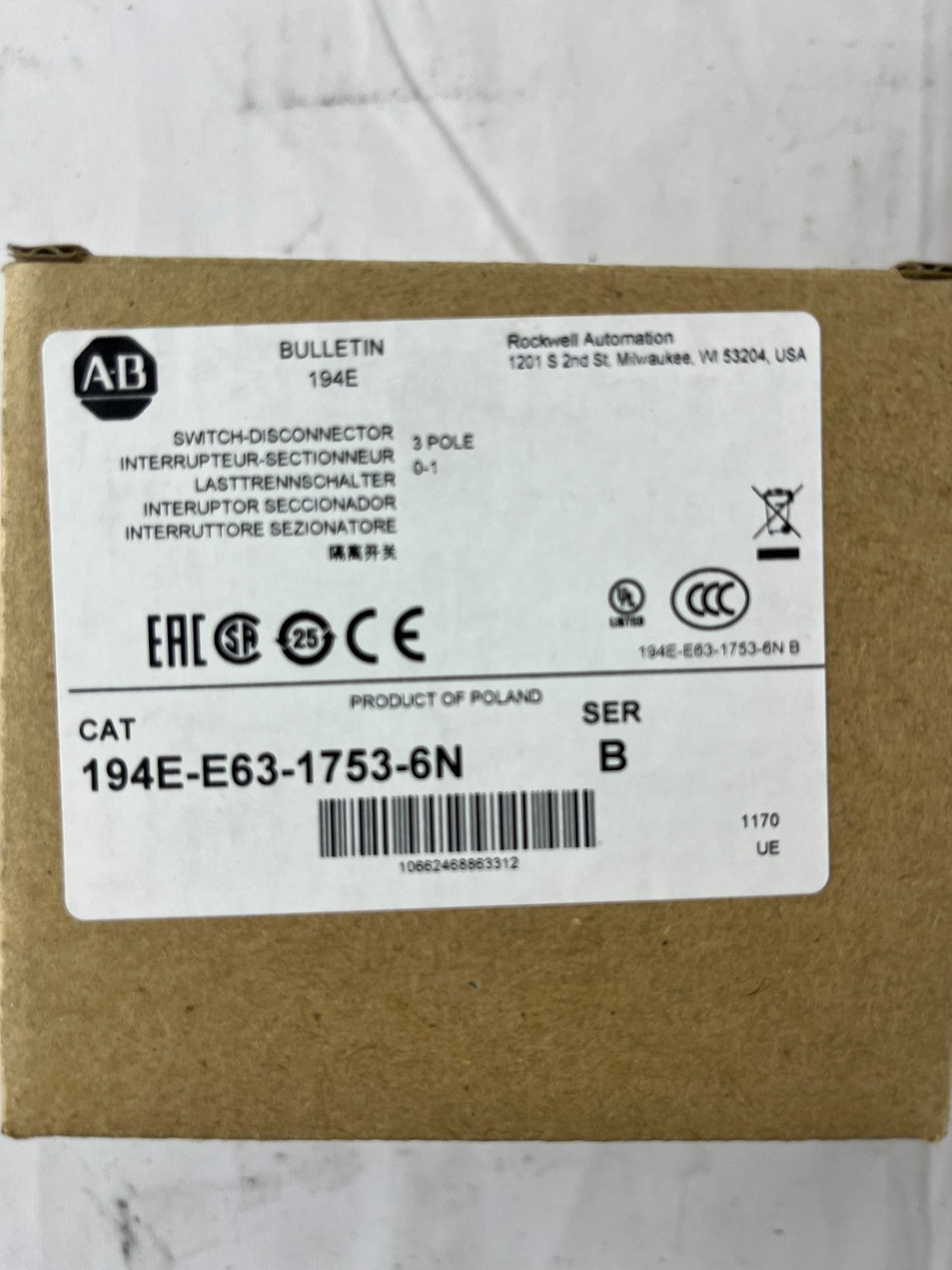 Allen Bradley 194E-E63-1753-6N Load Switch 63A 3-Pole 22kW IP66 Poland NEW