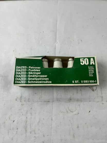 Siemens 5SB3 950‑1 Diazed 50A Quick‑Acting DIII Fuse Links Box Of 5 New Spares
