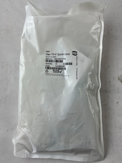 Harting Han 7D-F Quick Lock 09210072732 Female Insert 7+PE 10A 250V New 10x