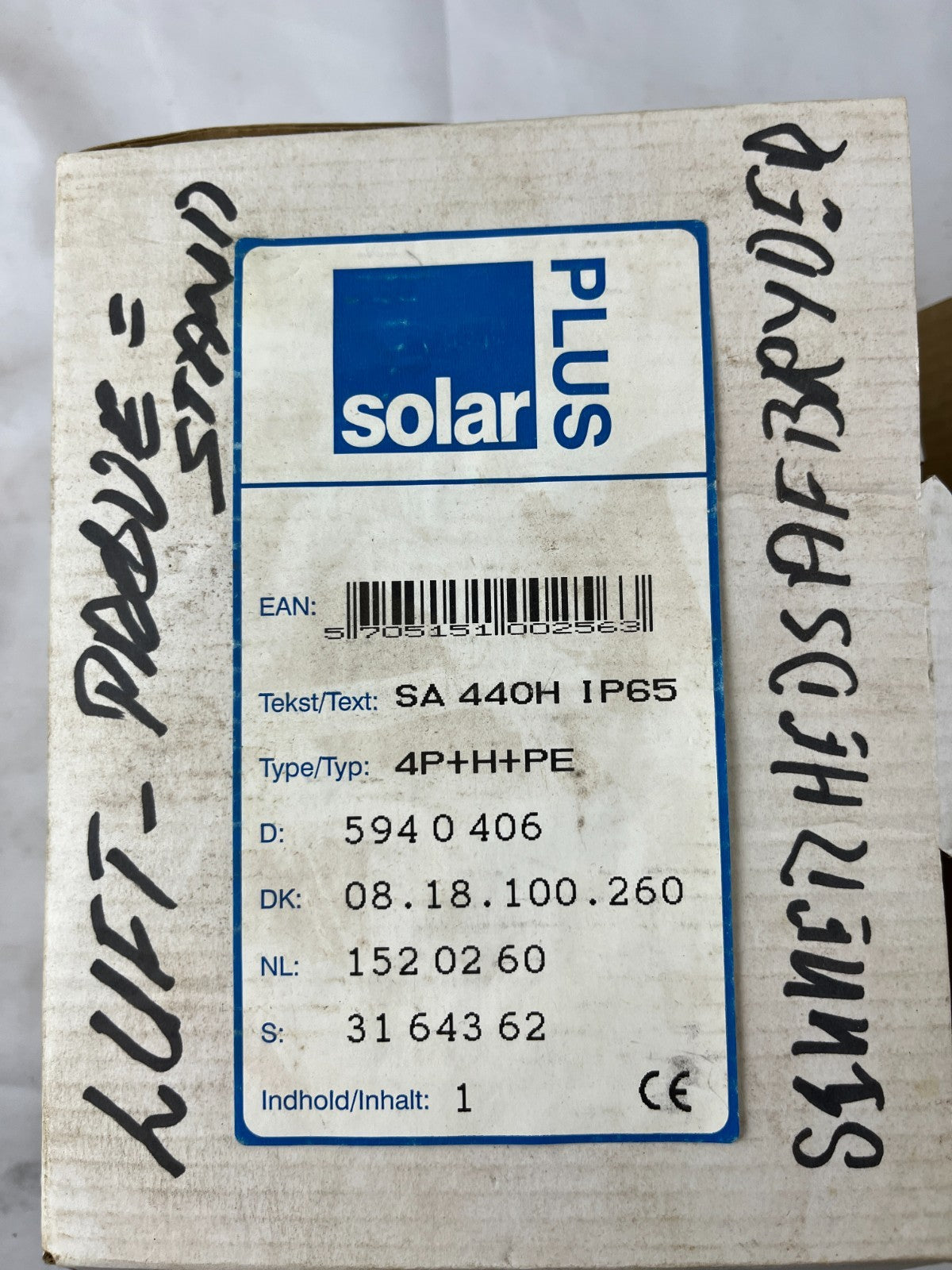 Solar Plus SA 440H IP65 4P+H+PE Safety Isolator Switch 40 A New Spare Unit