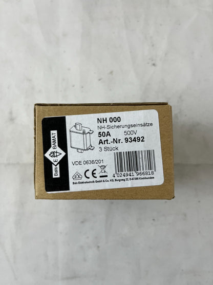 Bals NH000 Fuse 50A 500V gG NH Fuse Link Art 93492 3pcs New in Box