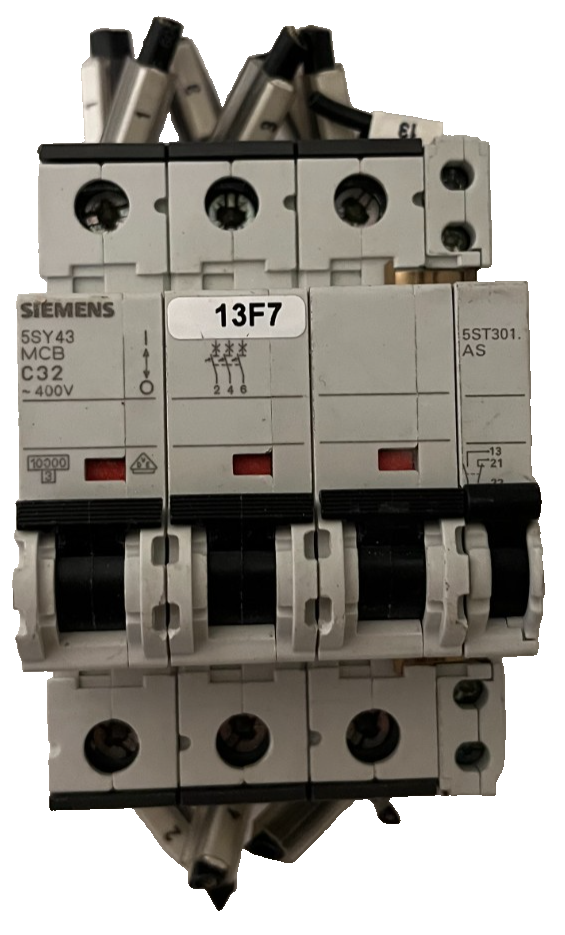 Siemens 5SY43 C32 3-Pole MCB 32A 400V w/ 5ST3010 Aux Switch Used Spare Unit