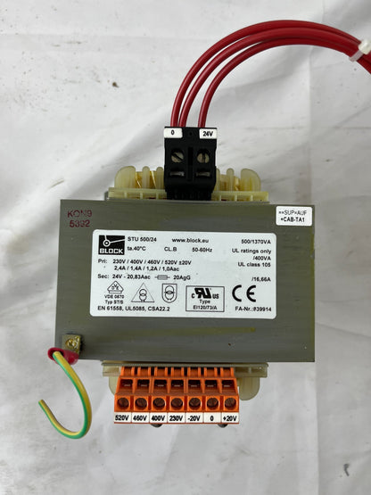 BLOCK STU 500/24 Control Transformer 500VA 24V 20.83A 230/400/460/520V Used