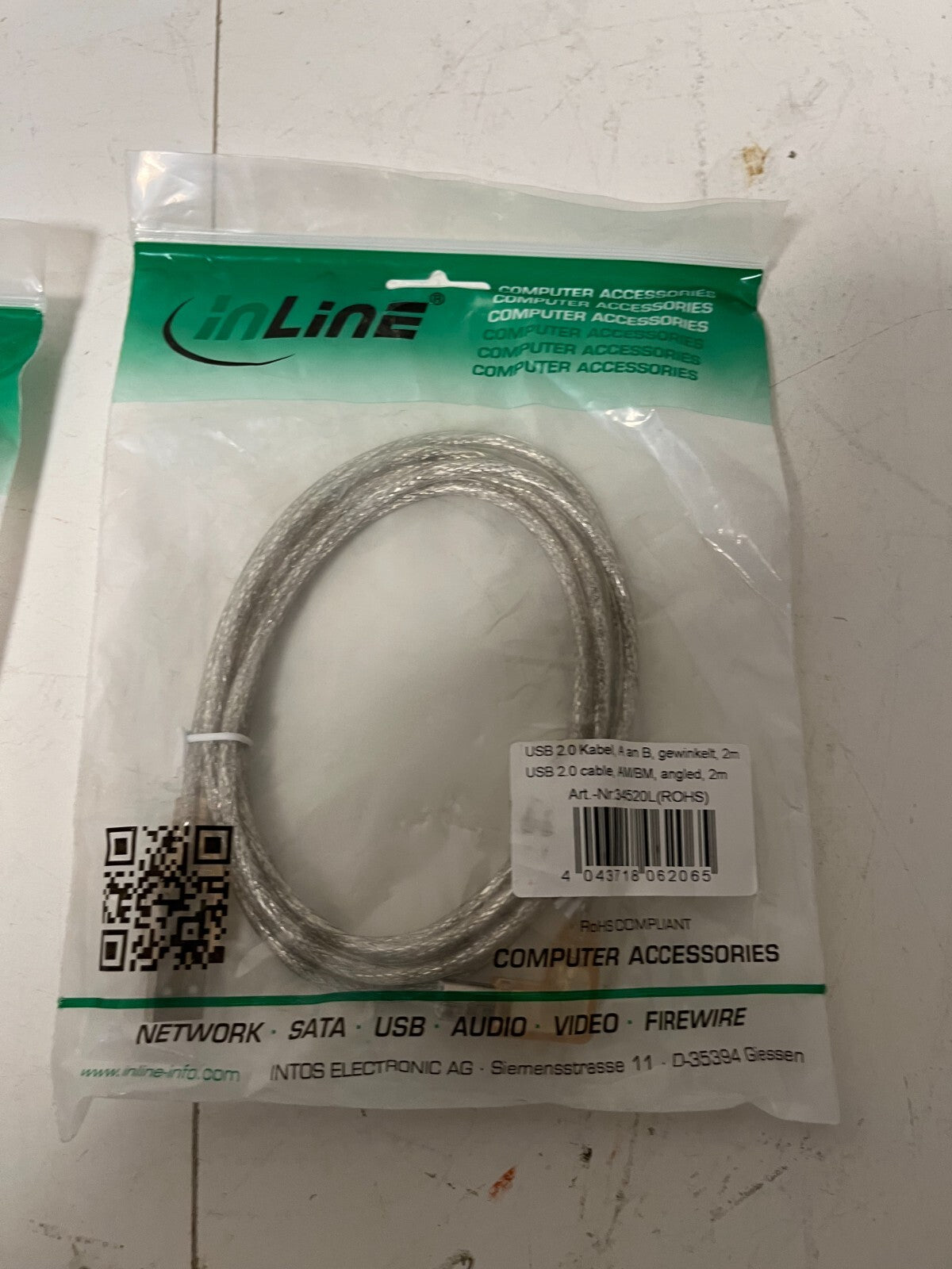 Lot of 2x InLine USB 2.0 Cable AM to BM Angled 2m Art. 34520L New Sealed