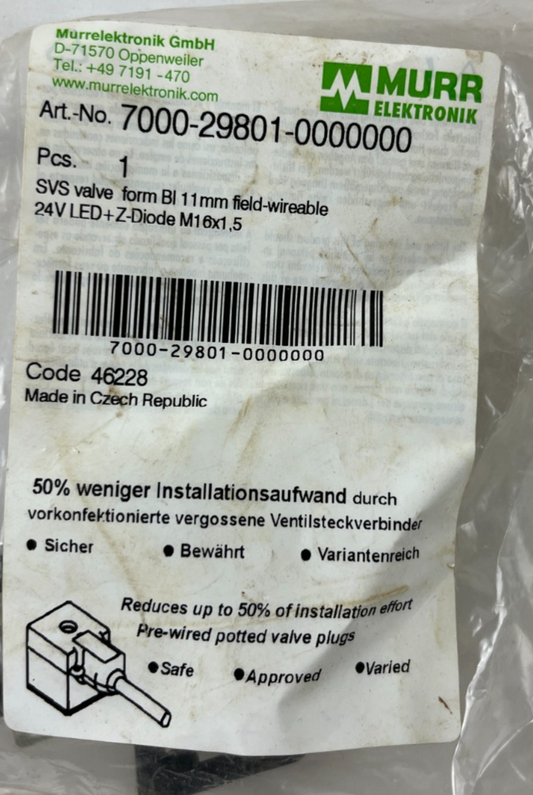 Murr Elektronik 7000-29801-0000000 Valve Connector Form B 24V LED Z-Diode New