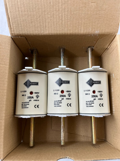 NH2 250A 500V gG Fuse Link Lot of 3x Bamat NH Fuse DIN 43620 NEW Units