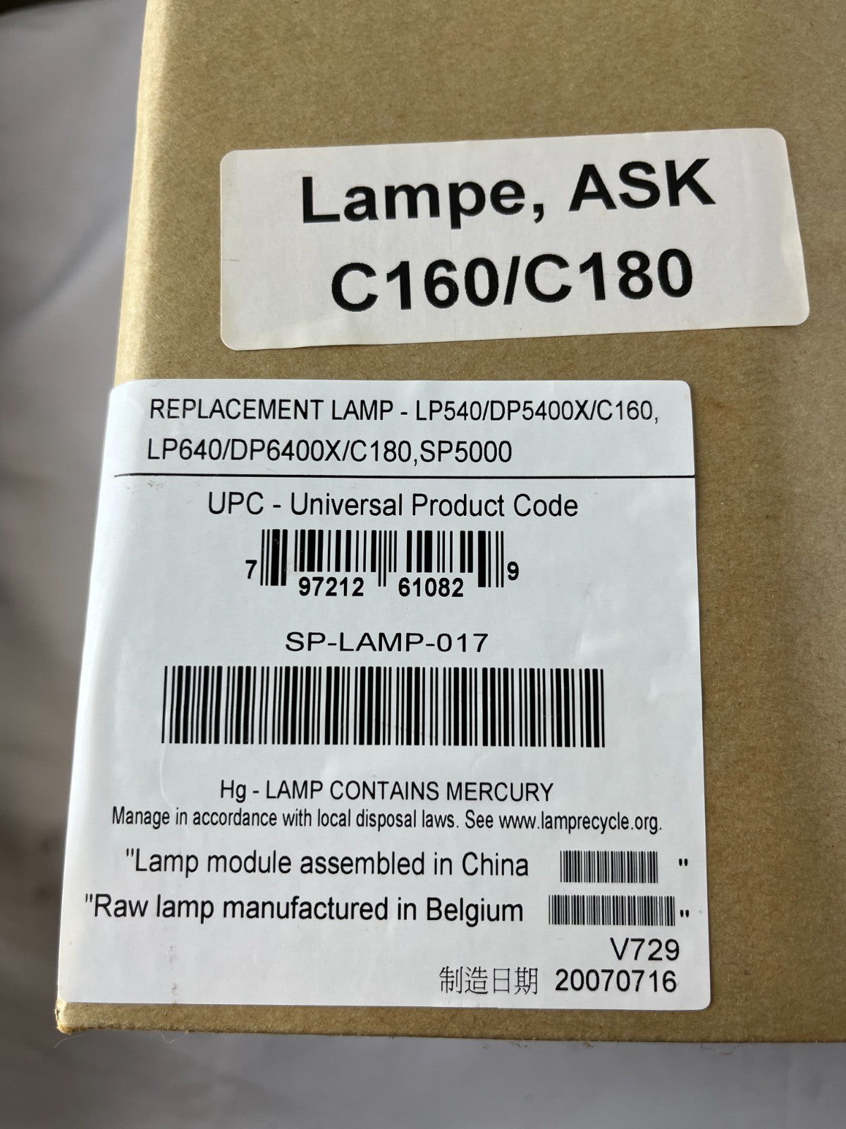 ASK SP-LAMP-017 Replacement Projector Lamp Module C160 C180 SP5000 Used