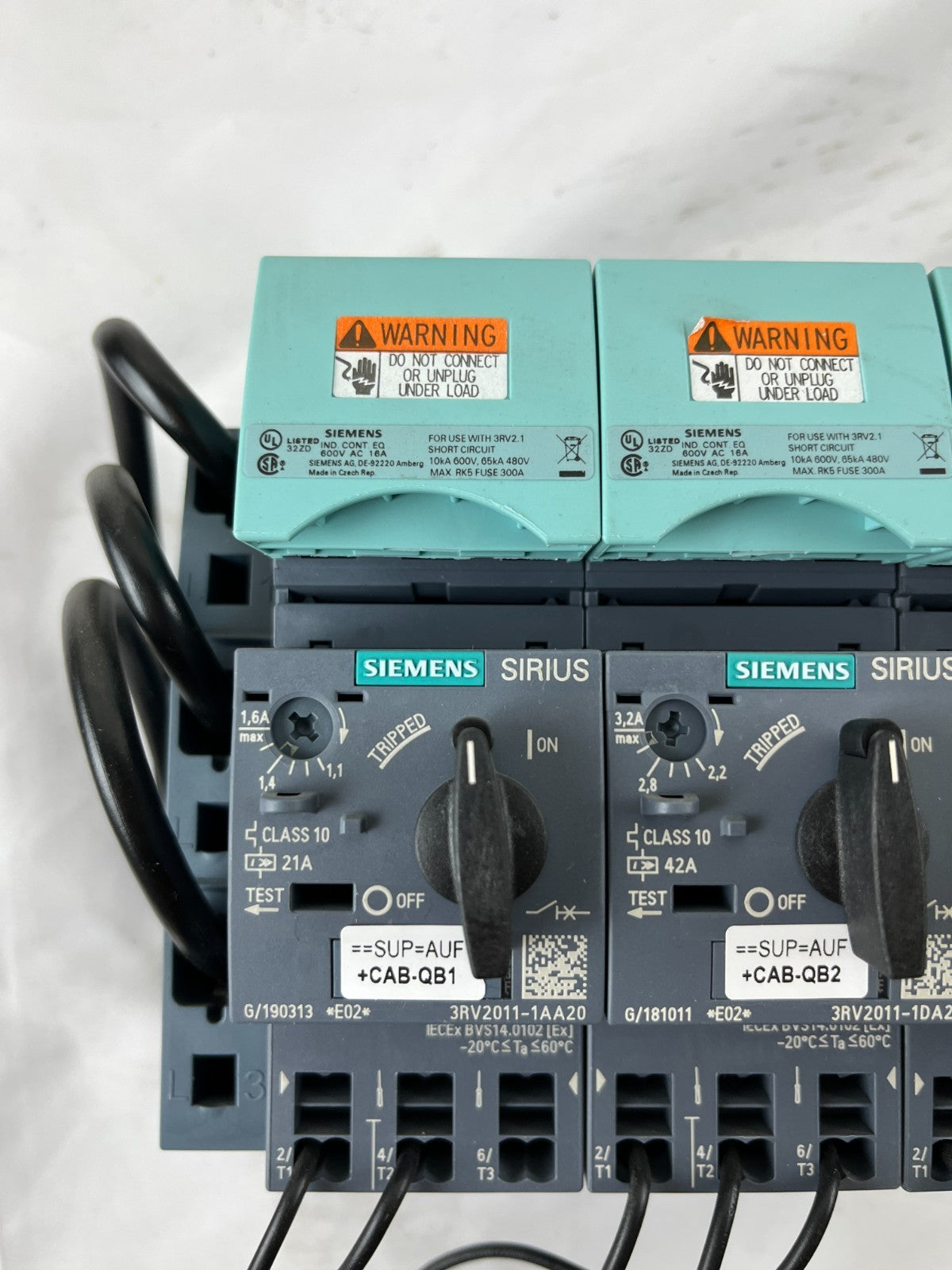 Siemens Sirius 3RV2011 Motor Starter Lot 3x MPCB 1.1-3.2A w Base Modules Used