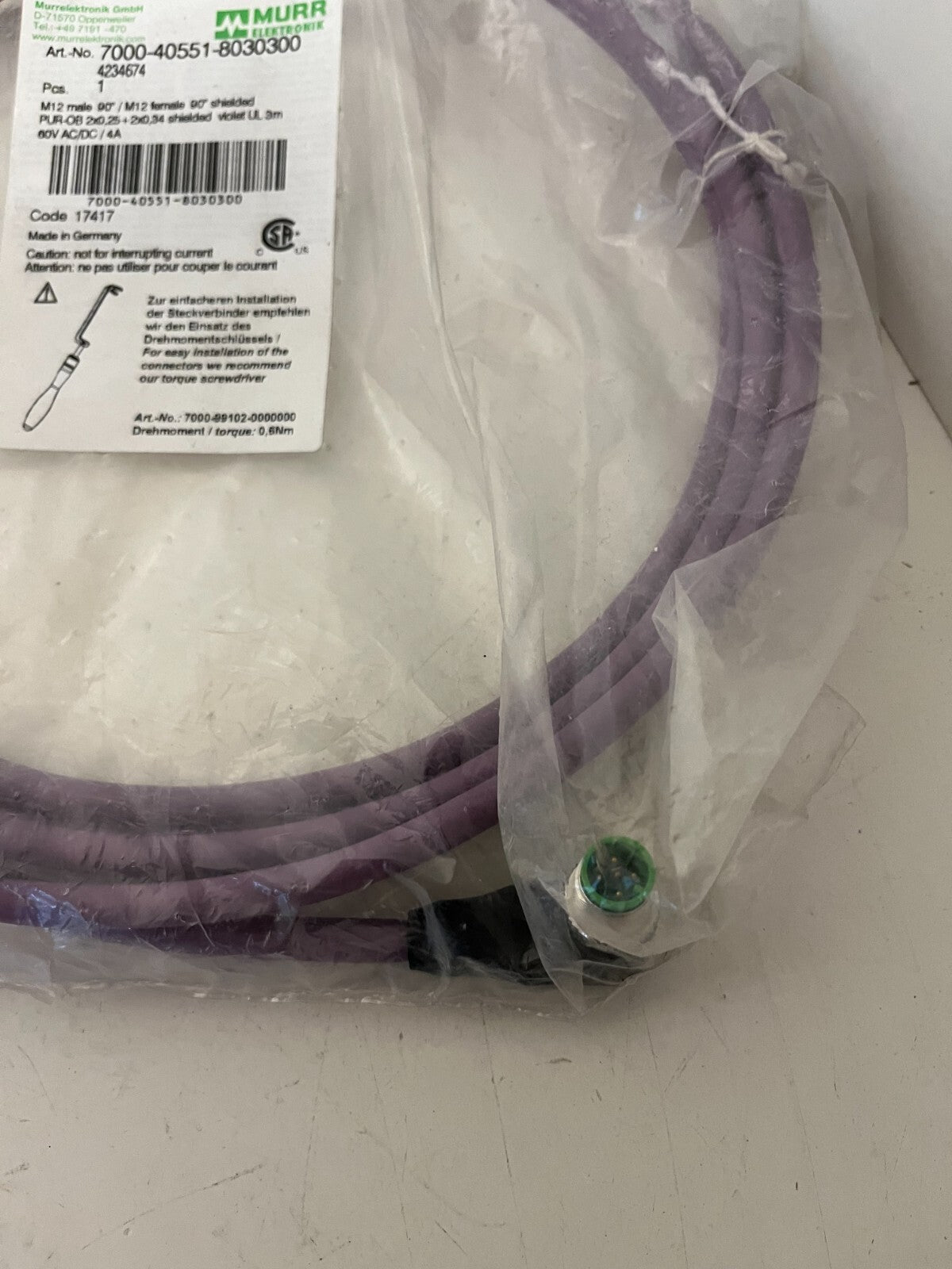 Murrelektronik 7000-40551-8030300 M12 Shielded 5-Pin Cable 3m 90° New Sealed