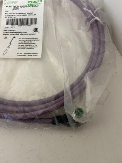 Murrelektronik 7000-40551-8030300 M12 Shielded 5-Pin Cable 3m 90° New Sealed