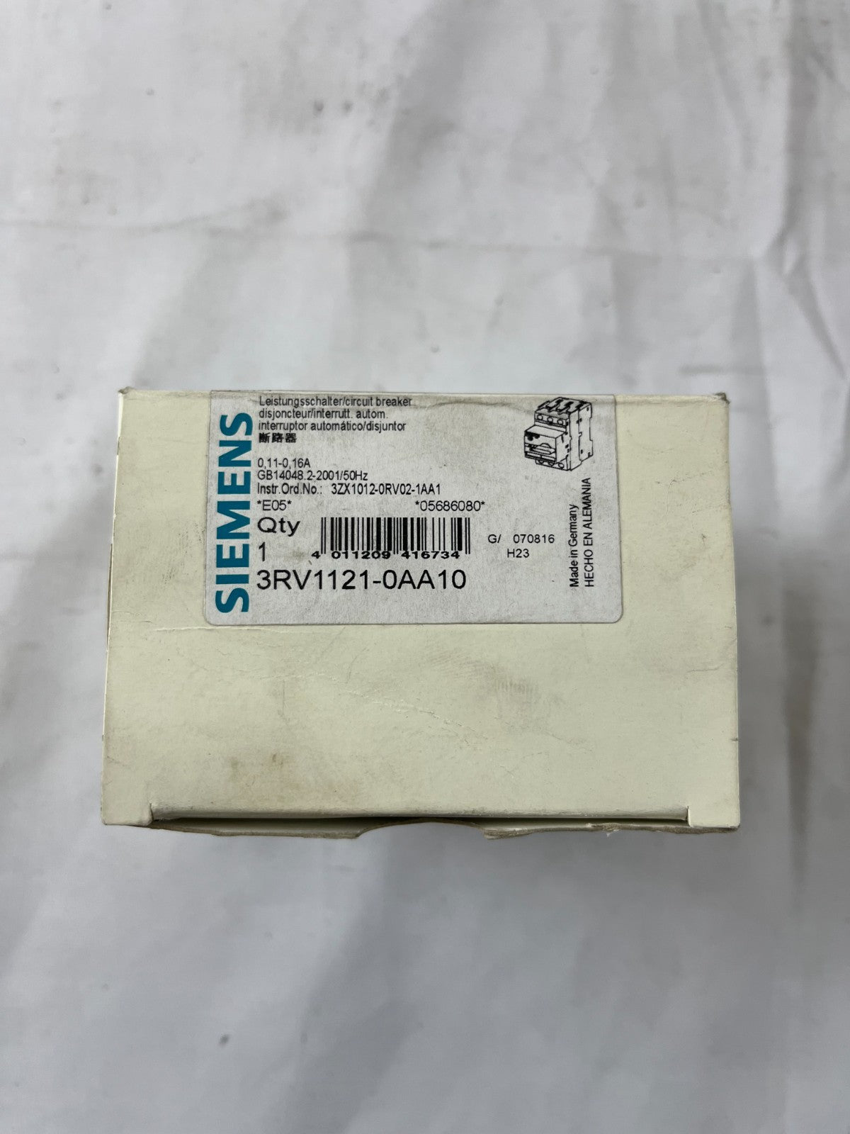 Siemens 3RV1121-0AA10 Motor Protection Circuit Breaker 0.11-0.16A New Unit