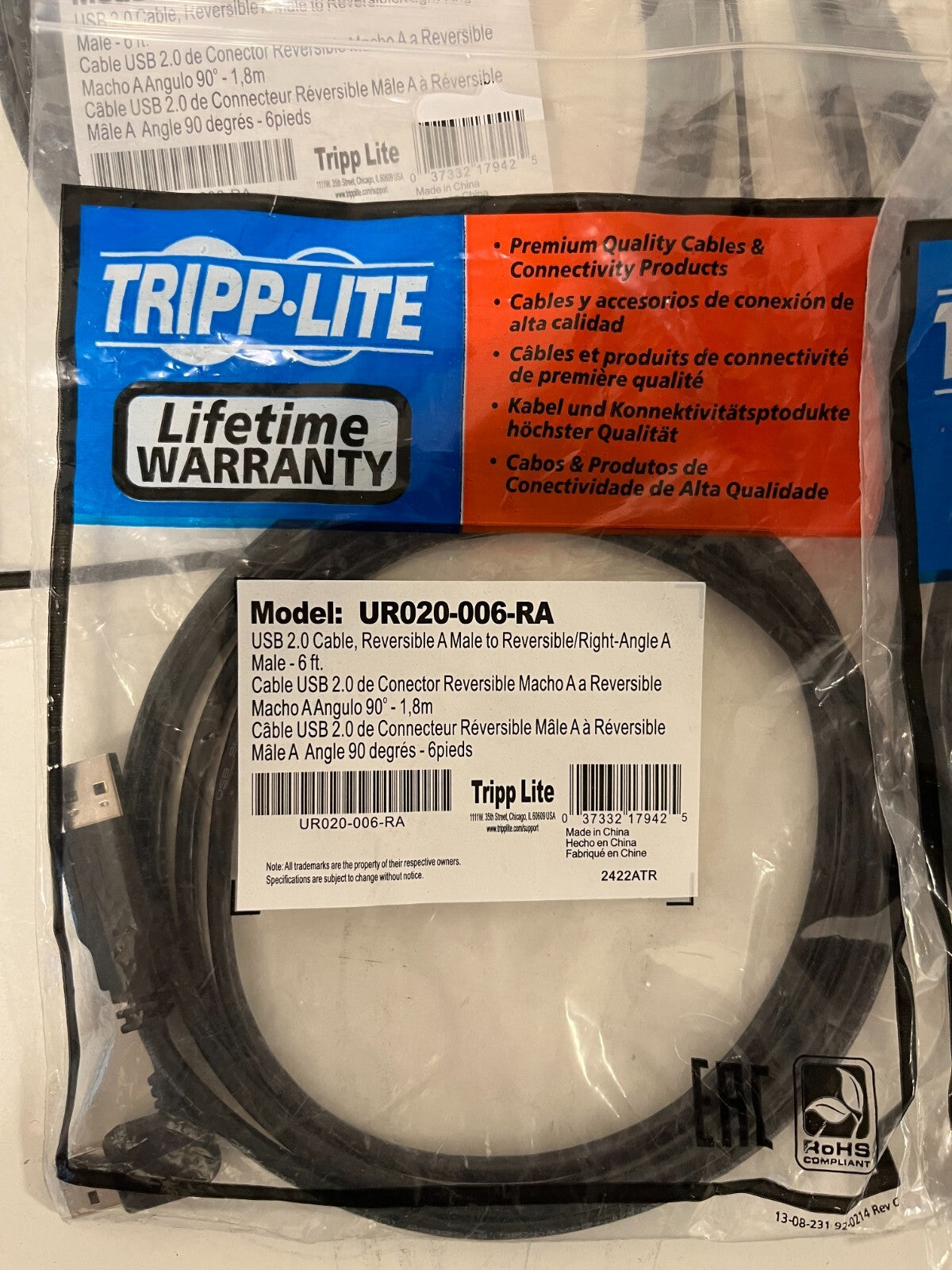 Lot of 6x Tripp Lite UR020-006-RA USB 2.0 Right-Angle 6ft Cables New Sealed
