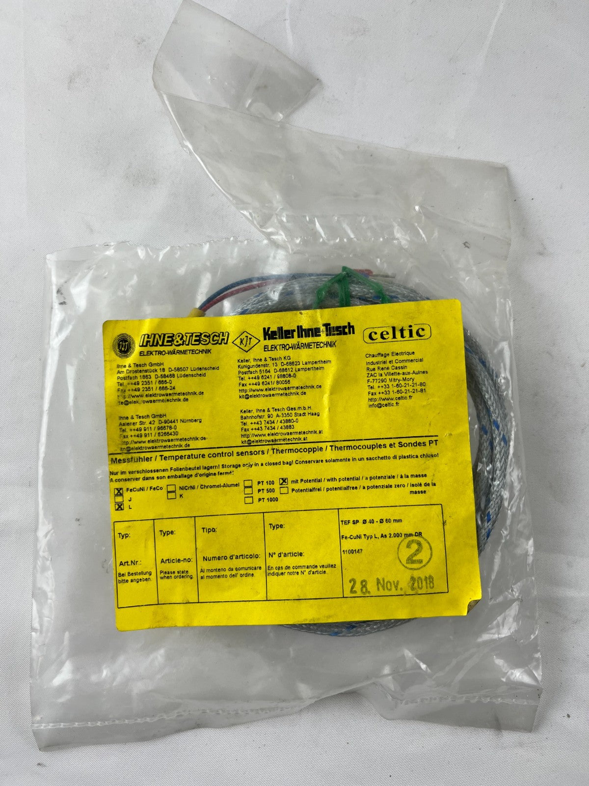 Ihne & Tesch TEF SP Thermocouple Type L Ø40‑60 mm Pipe Clamp Sensor 2m Cable