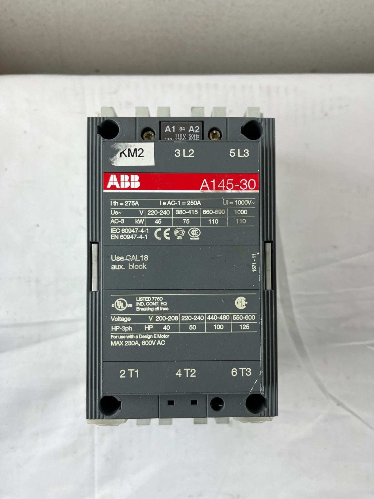 ABB A145-30 Power Contactor 3-Pole 250A AC-1 110–120V Coil With A145 Base Used