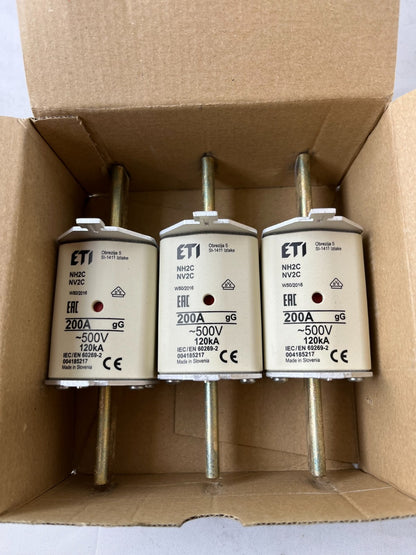ETI NH2C NV2C 200A 500V NH Fuse gG 120kA IEC 60269 Lot of 3 NEW Units