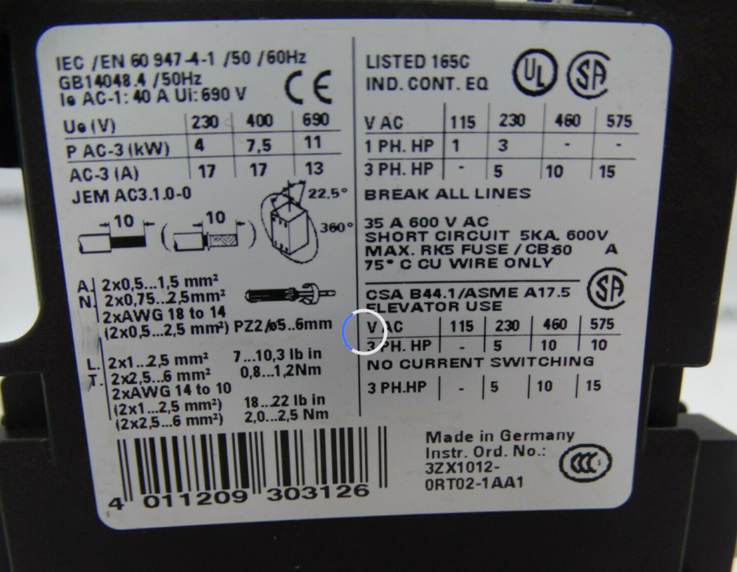 Siemens 3RT1025-1B..4 Contactor 600VAC 35A