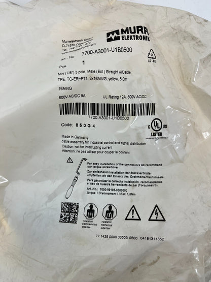 Murrelektronik 7700-A3001-U1B0500 7/8" 3-Pole Male Cable 5m 16AWG TC-ER FT4