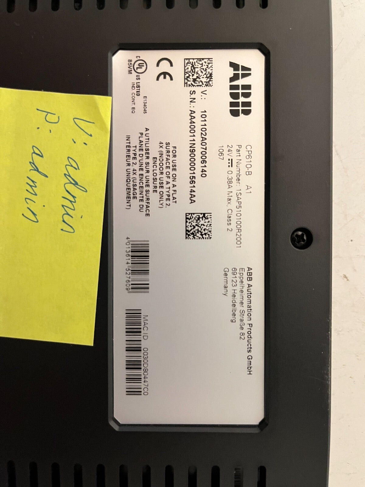 ABB CP610-B HMI Control Panel 10.1" Touchscreen 24VDC Ethernet USB Used