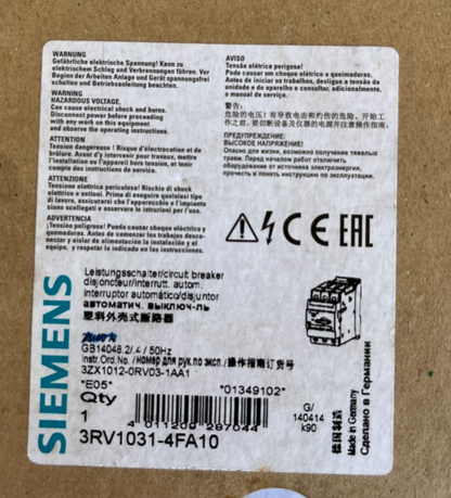 Siemens 3RV1031-4GA10 Sirius Motor Circuit Breaker 36-46A Used Spare Unit