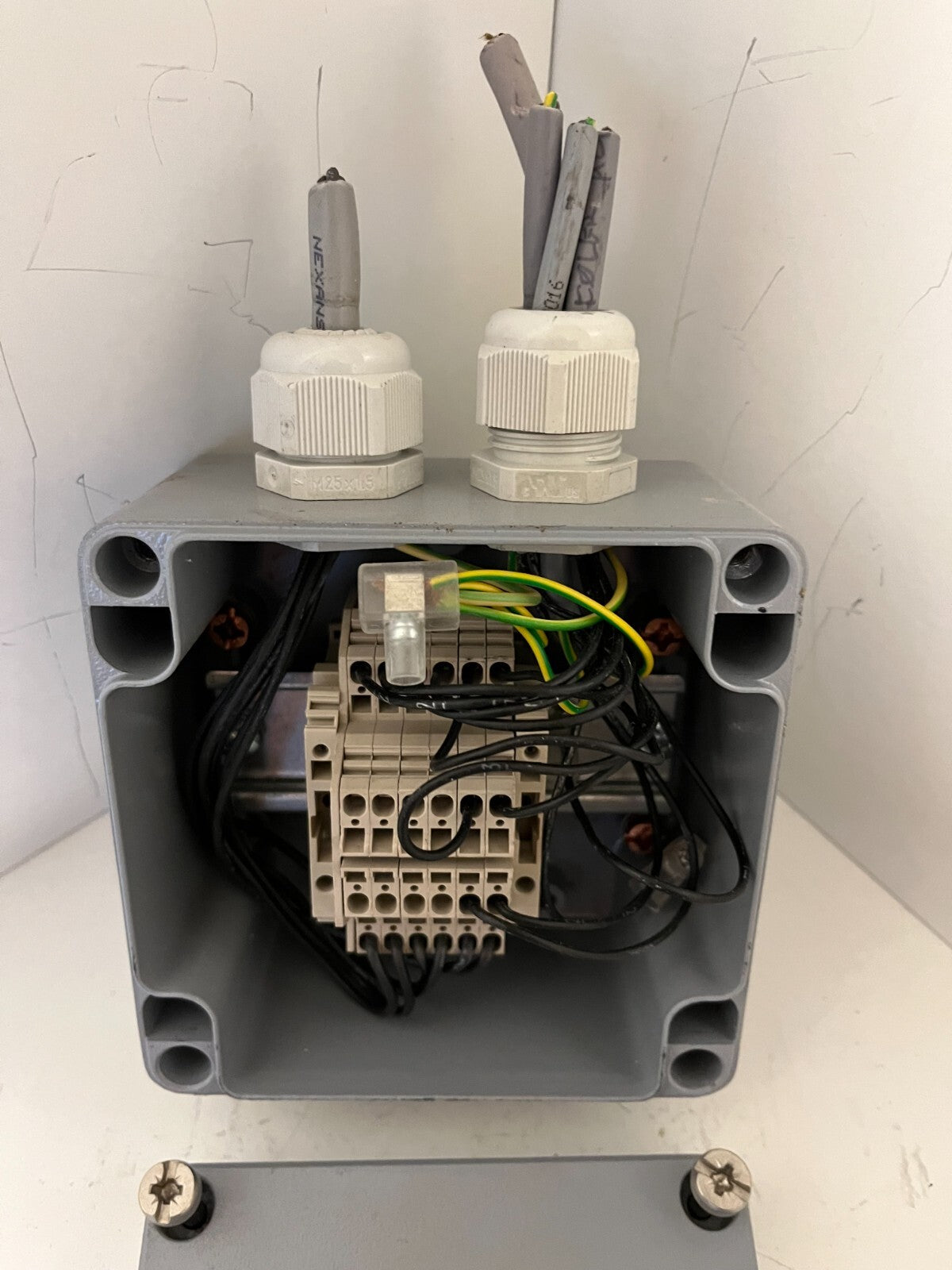 Metal Electrical Junction Box w/ DIN Rail Terminal Block – Used, Working