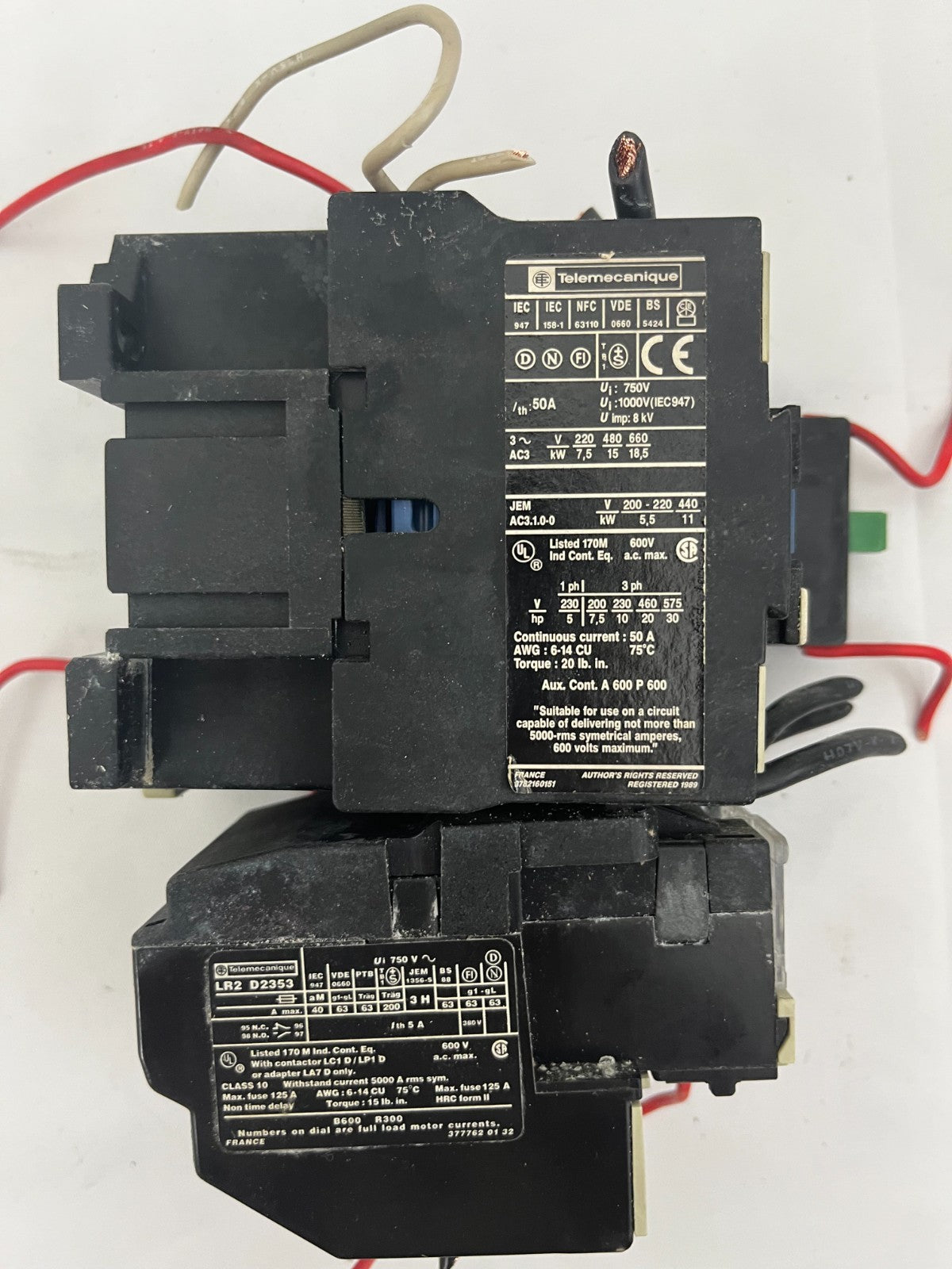 Telemecanique LC1 D32 01 50A Contactor + LR2 D2353 Overload Relay 23-32A, 230V
