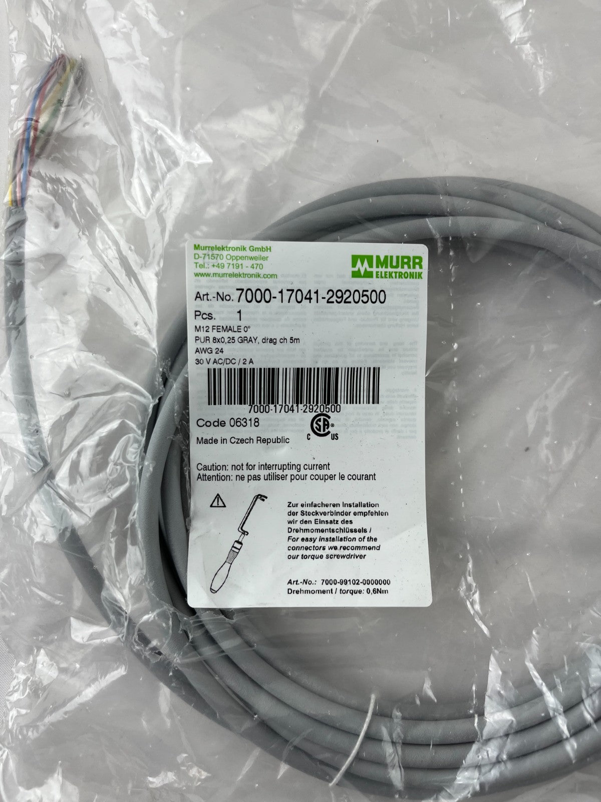 Murr Elektronik 7000-17041-2920500 M12 Female Connector Cable 8-Pin 5m PUR AWG24