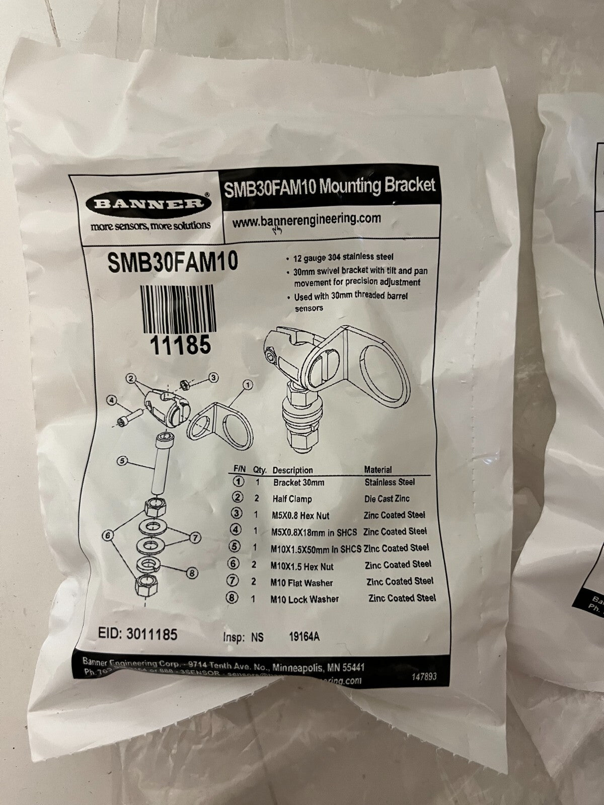 NEW Banner Engineering SMB30FAM10 Sensor Mounting Brackets - Lot of 2