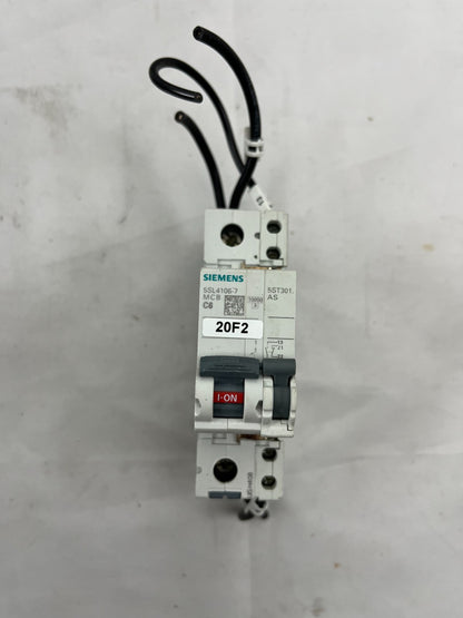 Siemens 5SL4106-7 MCB C6 230/400V + 5ST3010 Auxiliary Circuit Switch, 6A Used