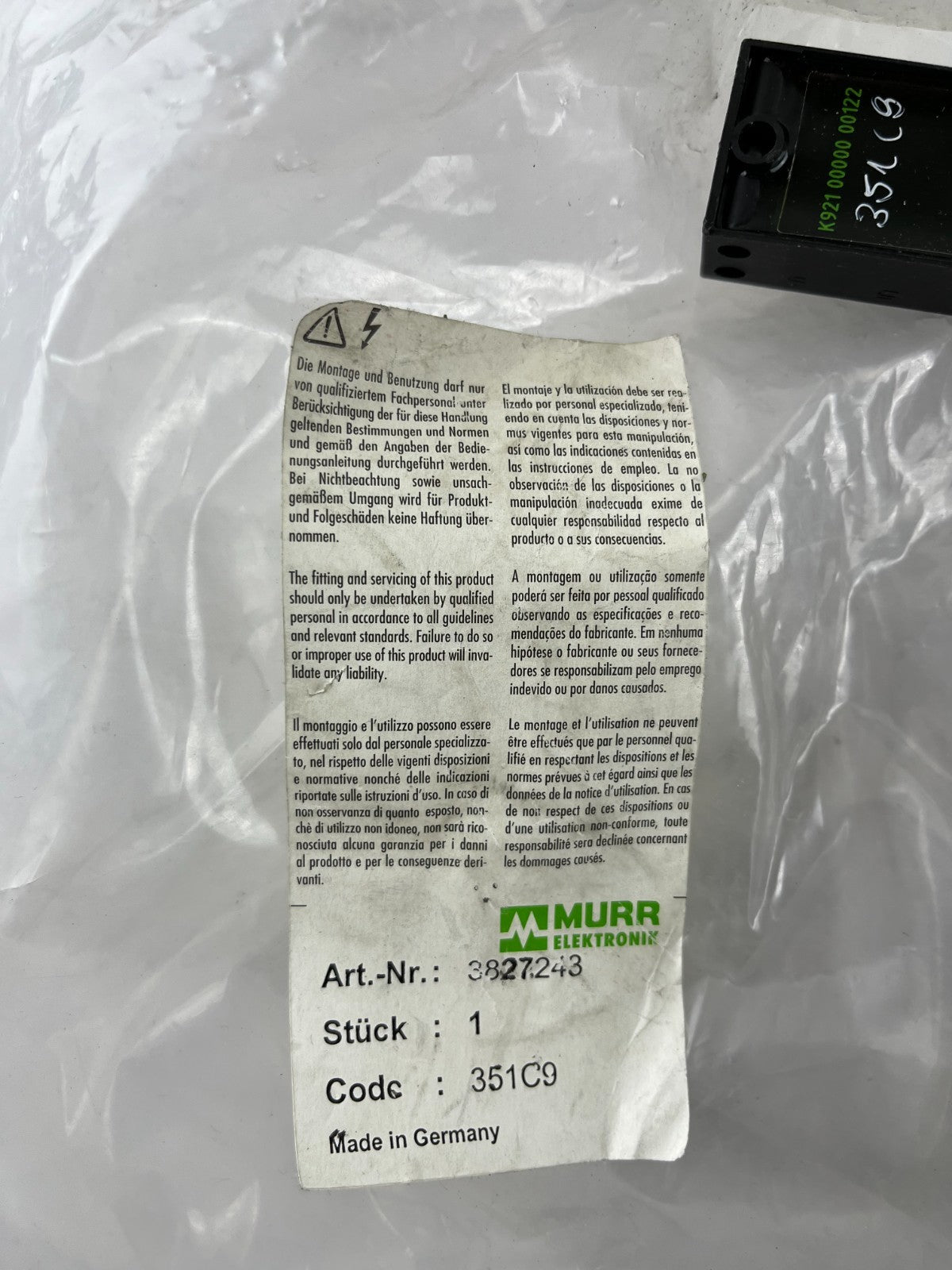 Murr Elektronik 382743 M8 3-Pin Sensor Connector Cable Code 351C9 Made Germany