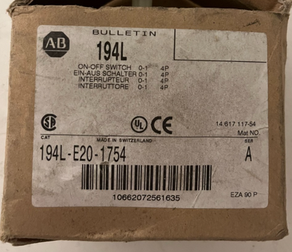Allen-Bradley 194L-E20-1754 Load Switch, 20A 600V, NEW in Box, Series A 1 Pcs
