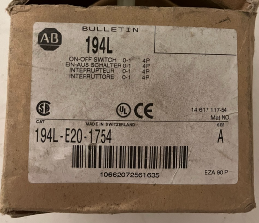 Allen-Bradley 194L-E20-1754 Load Switch, 20A 600V, NEW in Box, Series A 1 Pcs