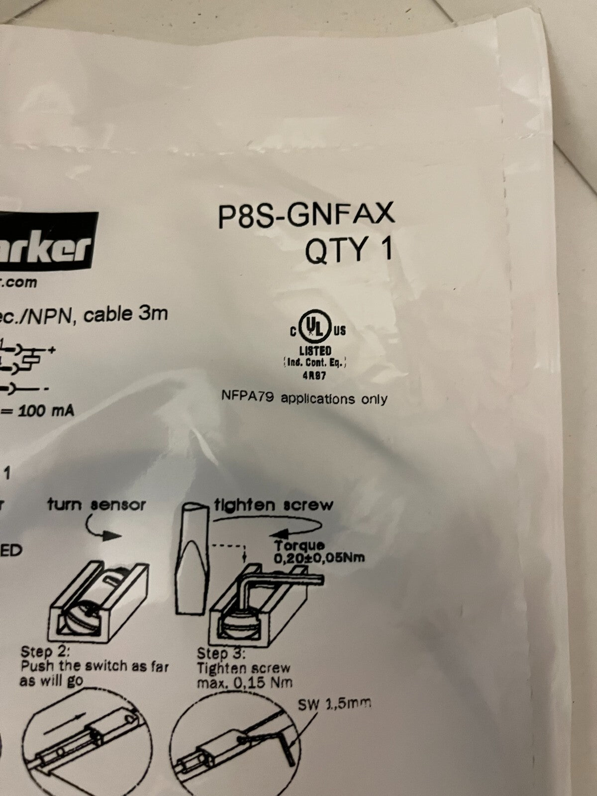Parker P8S-GNFAX Electronic Sensor NPN 3M Cable – New Sealed in Package