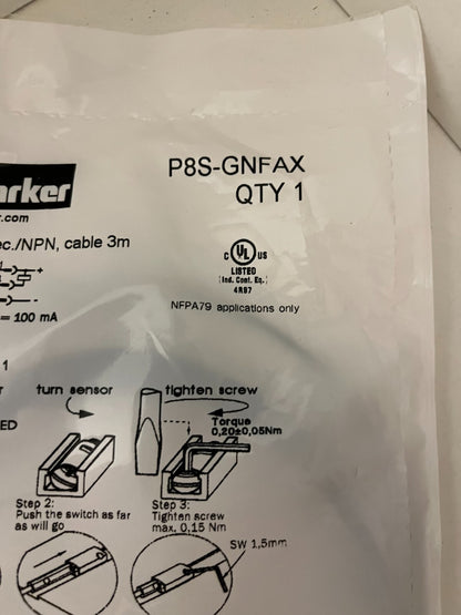 Parker P8S-GNFAX Electronic Sensor NPN 3M Cable – New Sealed in Package