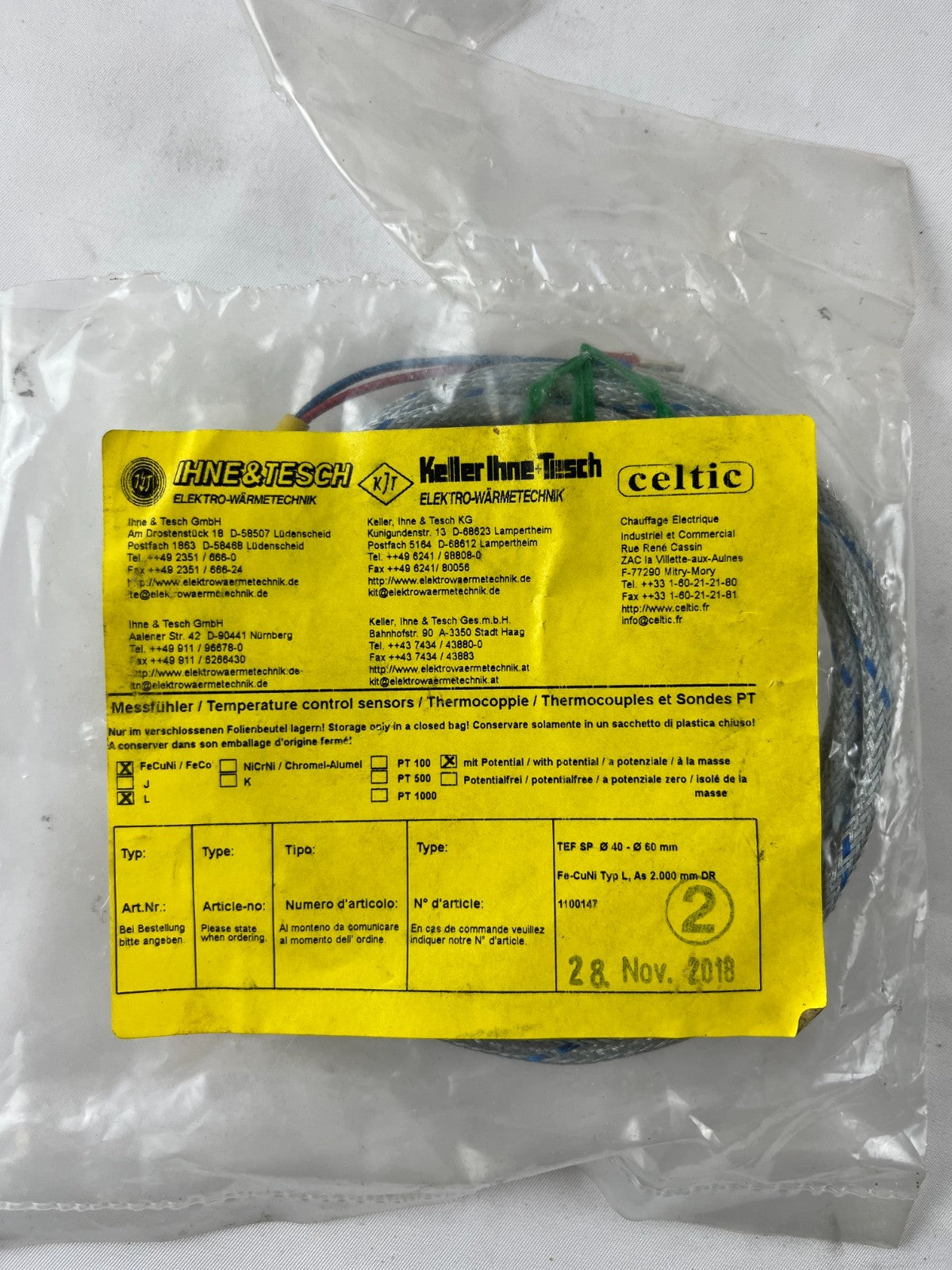 Ihne & Tesch TEF SP Thermocouple Type L Ø40‑60 mm Pipe Clamp Sensor 2m Cable