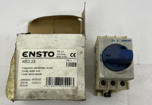 NEW Ensto KS3.25 3-Pole 25A Rotary Load Break Switch DIN Rail/Panel Mount Boxed