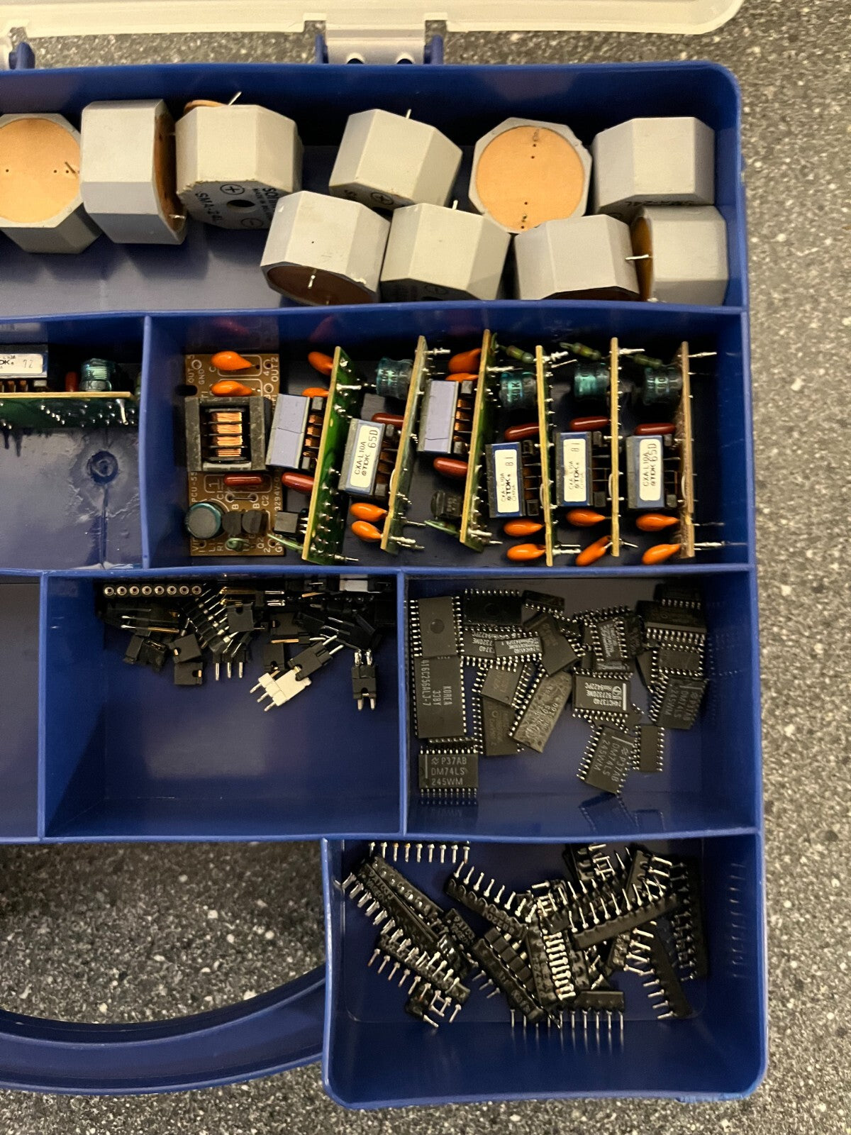Double-Sided Organizer Box with Assorted Capacitors, IC Chips, and Electronics