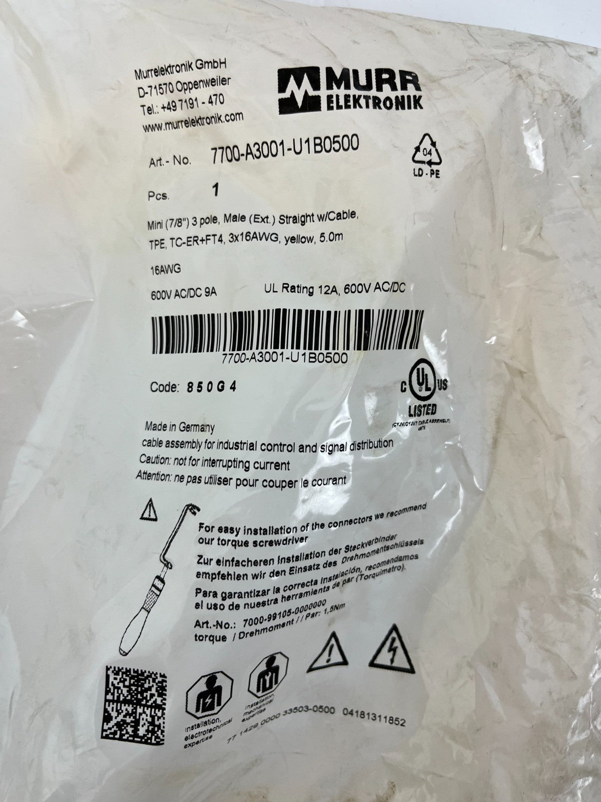 Murrelektronik 7700-A3001-U1B0500 7/8" 3-Pole Male Cable 5m 16AWG TC-ER FT4