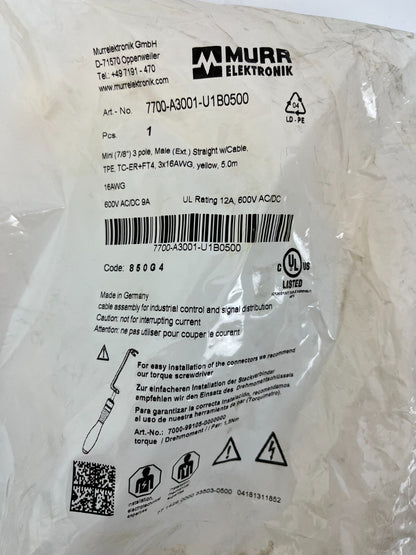 Murrelektronik 7700-A3001-U1B0500 7/8" 3-Pole Male Cable 5m 16AWG TC-ER FT4