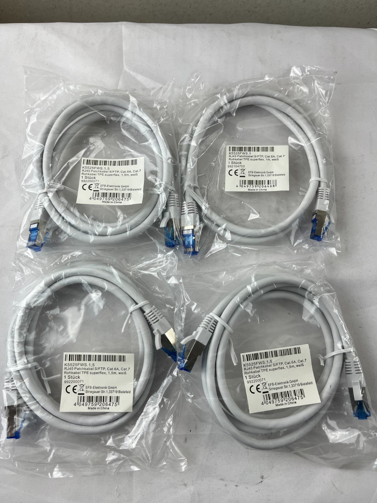 4x EFB K5525FWS NEW Cat.6A S/FTP Patch Cable 1.5m White 10 Gigabit Ethernet