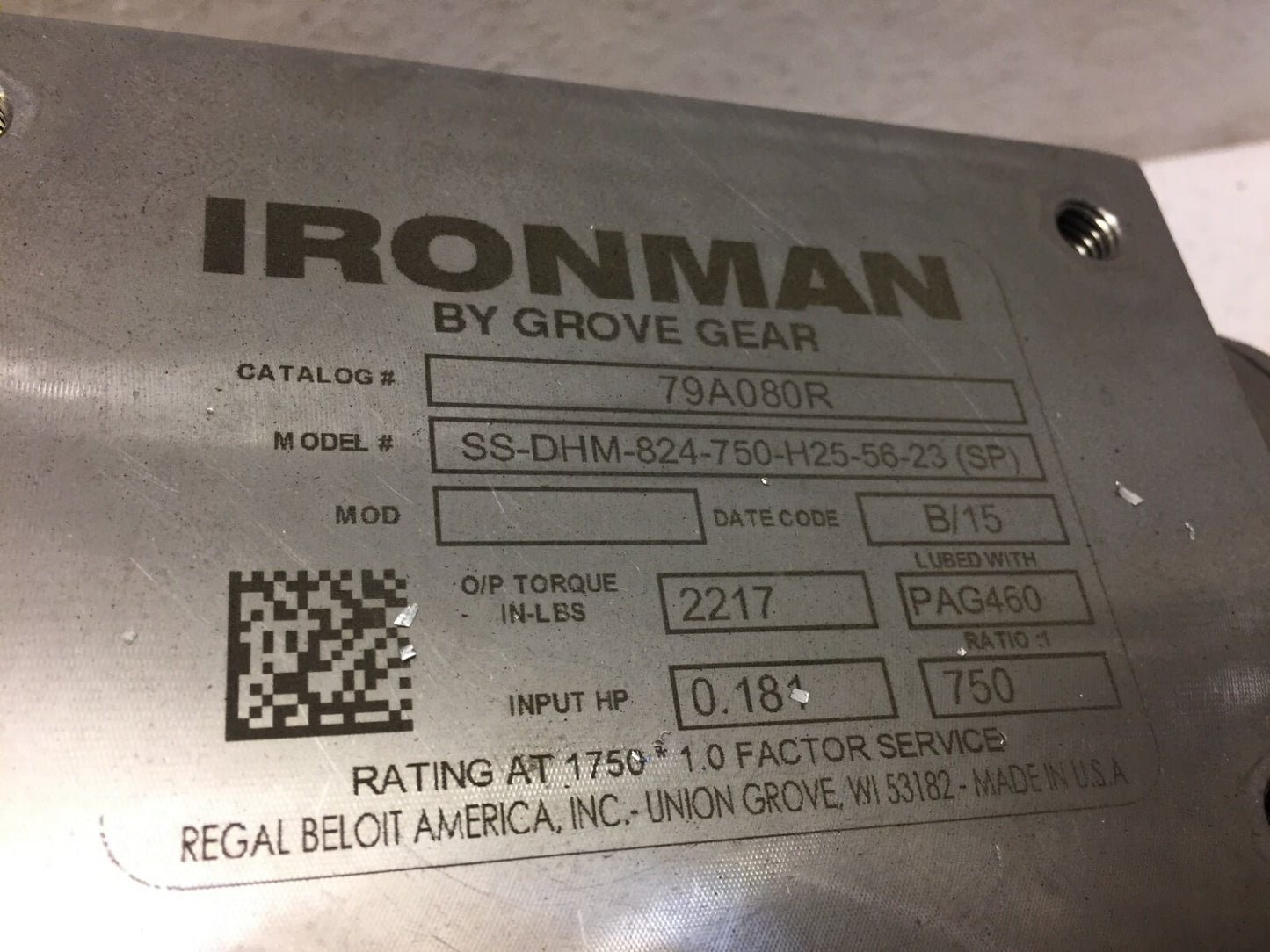 Grove Gear Ironman SS-DHM-824-750-H25-56-23 (SP) Ratio 1:750 B/15 0.181 Input HP