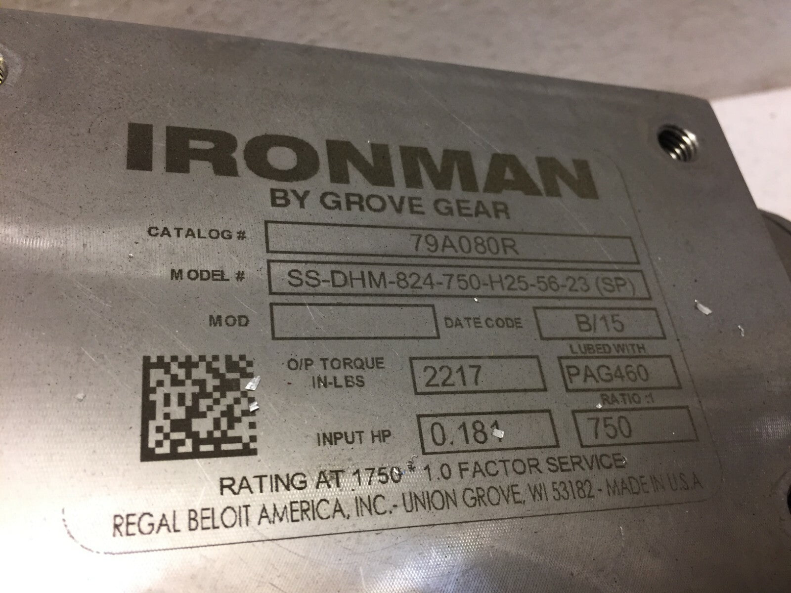 Grove Gear Ironman SS-DHM-824-750-H25-56-23 (SP) Ratio 1:750 B/15 0.181 Input HP