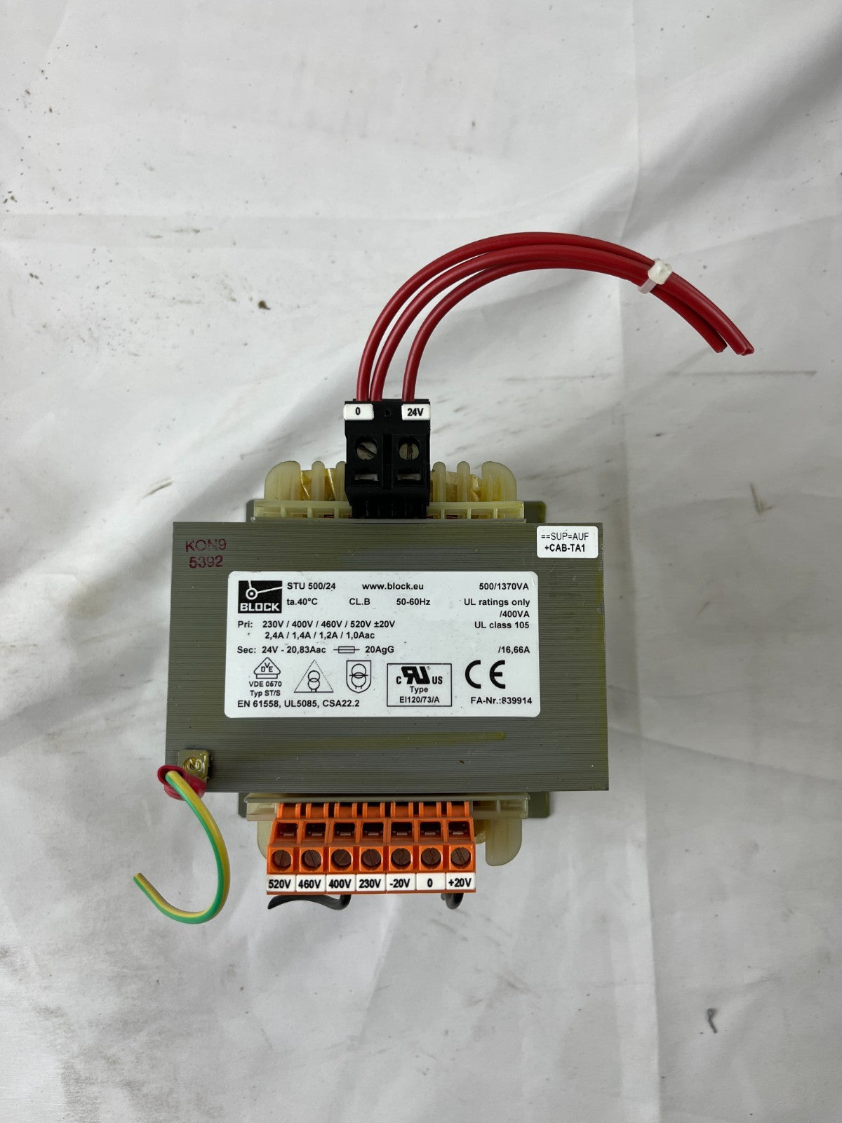 BLOCK STU 500/24 Control Transformer 500VA 24V 20.83A 230/400/460/520V Used