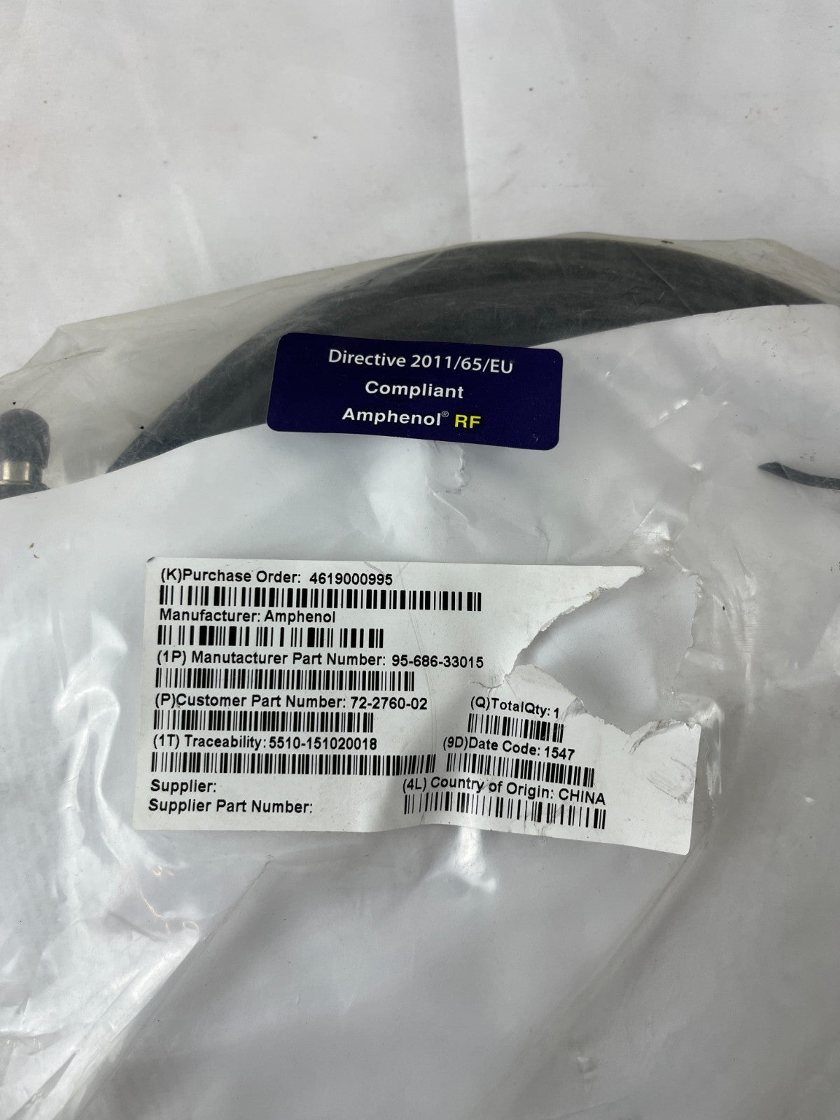 Amphenol RF 95-686-33015 Coaxial Cable Assembly New RoHS Compliant Spare Unit