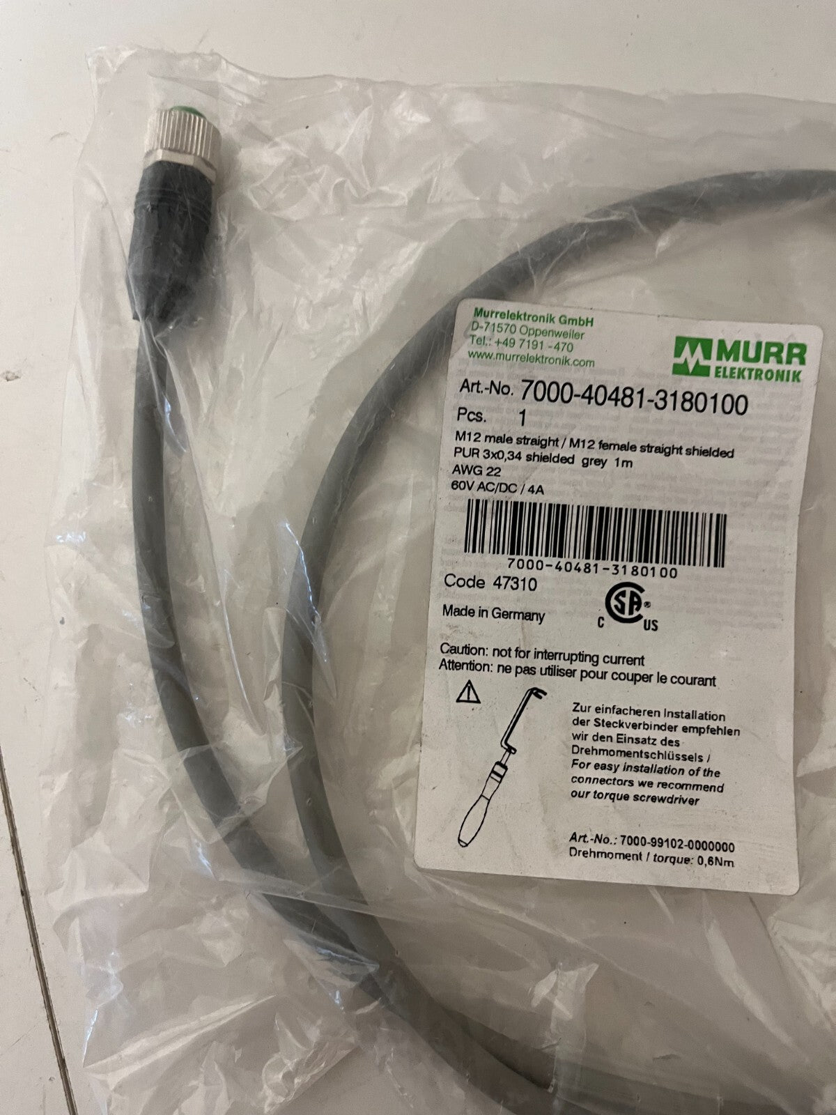 Murrelektronik 7000-40481-3180100 M12 Shielded Cable 1m Male/Female New