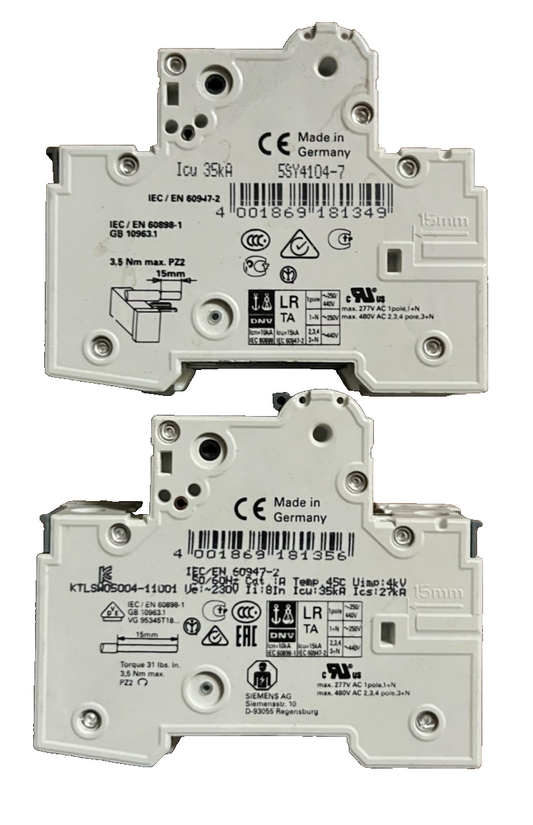 2x Siemens MCB Circuit Breaker & Auxiliary Switches 5SY4104-7 5SY4106-7 5ST301