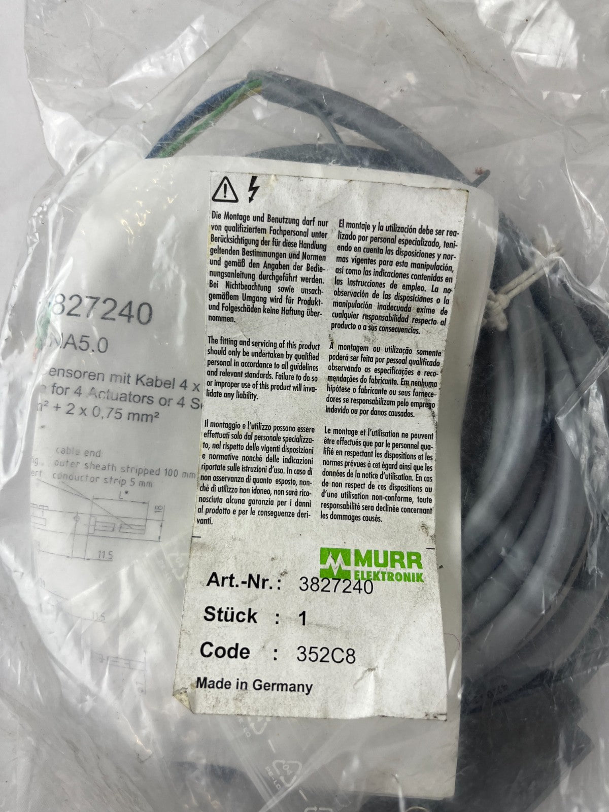 Murr Elektronik 3827240 Passive Distribution Box 4xM8 3-Pole 5m Cable MVH4S-RNA5
