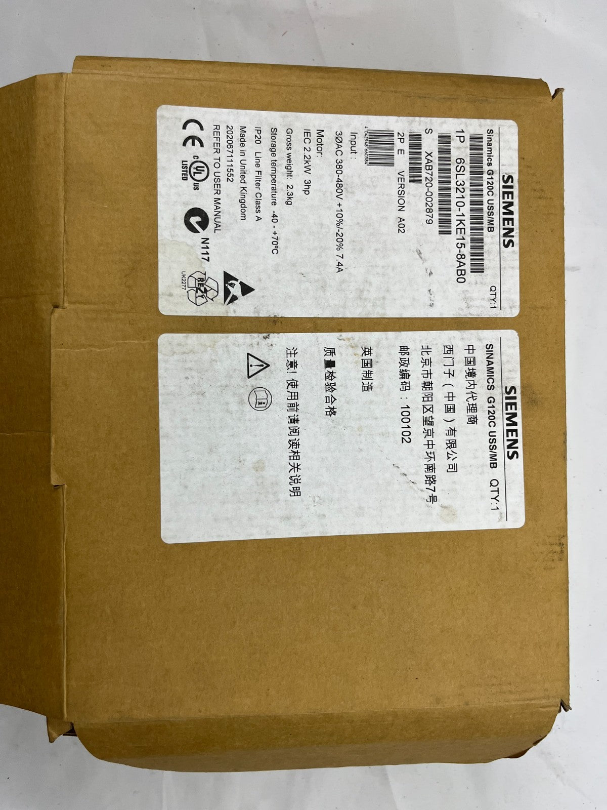 Siemens SINAMICS G120C 6SL3210-1KE15-8AB0 AC Drive 2.2kW 3HP 380-480V USS/MB New